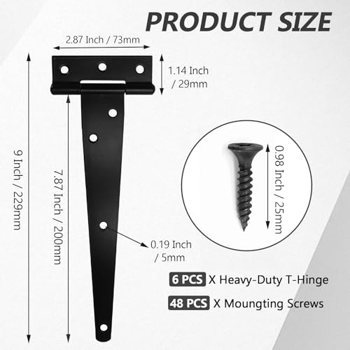 Murtenze Heavy Duty T-Strap Hinge, Black, 8 Inch, 6 pcs | Shed Door Hinges, Gate Hinges, Tee Hinge Wrought Hardware, For Wooden Fences Yard, Rustproof - color: Black, size: 8 Inch - 6Pack