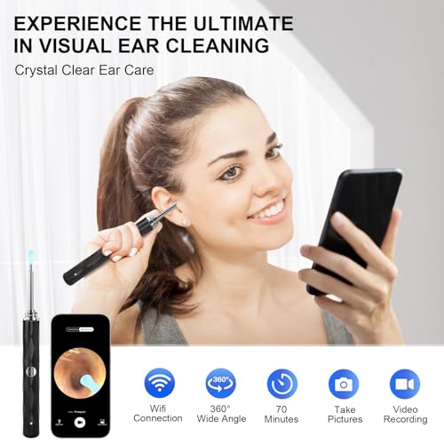 High-Definition Ear Wax Removal, Wireless Ear Cleaner, Safe and Gentle Ear Wax Removal Kit, Rechargeable Ear Cleaner with Camera and Light, Ear Cleaning Kit for Android and iOS (Black) - color: Black