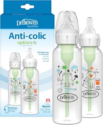 Dr. Brown's Natural Flow Anti-Colic Options+ Narrow Baby Bottle,Frog and Pig,8 oz/250 mL,with Level 1 Slow Flow Nipple,BPA-Free,0m+,(Pack of 12) - color: Orange & Green (Pig & Frog), size: 1 Count (Pack of 12)