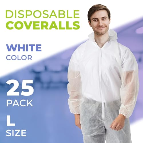 AMZ Medical Supply Disposable Coveralls with Hood and Boots, Large White, 25 Pack, Lightweight Polypropylene Paint Suit, Zipper Front, Elastic Wrists, Unisex Work Coveralls - size: Large / 25 Pack