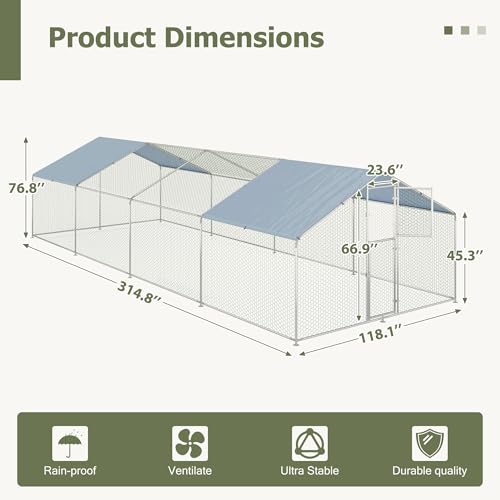 Large Metal Chicken Coop,19.7x9.8x6.4 FT Chicken Run for Yard with Waterproof & Anti-UV Cover,Walk in Chicken Pen with Feeding Door (26.2 * 9.8 * 6.4 ft) - size: 314.8"L x 118.1"W x 76.8"H