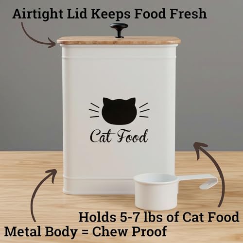 Metal Cat Food Container with Scoop 5-7 lb (25 Cup), w/ Airtight Bamboo Lid | Cat Kibble Canister with Metal Scoop, 25 Cups, Chew Proof Iron Body, Powder Coated, Airtight Bamboo Lid, Sturdy Metal Handle - color: White