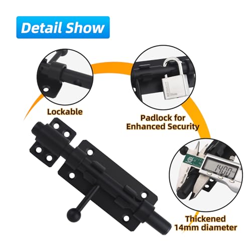 Barrel Bolt Latch, 6.3" Heavy Duty Gate Latch Slide Lock Solid 304 Stainless Steel Bolt Lock for Inside Door, Finished Shed Door Latch (1 Pack, Black) - color: Black 6inch