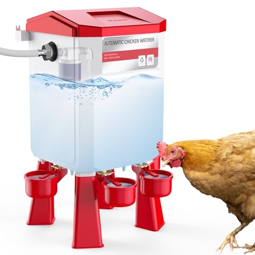Automatic Chicken Waterer 2 Gallons, Float-Controlled Chicken Water Feeder with 4 Water Cups, 158.4-Inch Hose with 3/4'' and 1/2'' Ends, Large Poultry Waterer for Chick Quail Duck Turkey, Red - color: Red