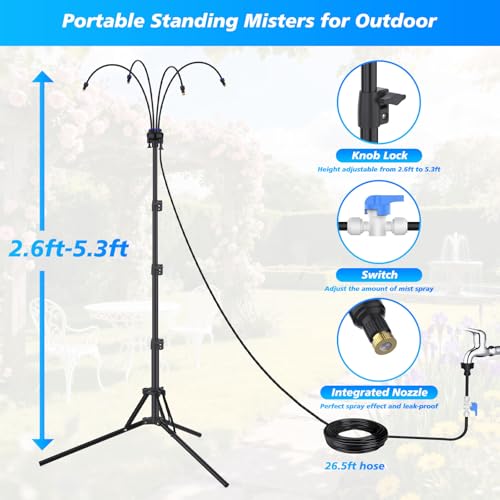 Standing Misters for Outside Patio - Adjustable Height Stand Misting system for Cooling Outdoor, 26.5FT Portable Water Mister for Garden Backyard BBQ Party Tanning Pool Beach Cooling & Water Playing