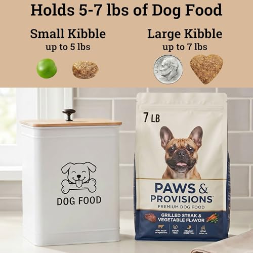 Metal Dog Food Container 5-7lb, 25 Cup w/ Airtight Bamboo Lid, Metal Handle | Pet Jar For Dogs up to 50lbs, Airtight Bamboo Lid, Sturdy Comfortable Metal Handle, Powder Coated Iron, Kibble Storage Bin - color: White: Dog Face