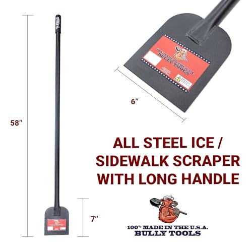 Bully Tools Heavy Duty Ice Scraper - 11-Gauge All Steel Sidewalk Chopper with Extra Long Handle for Thick Snow Removal - Floor Scraper Tool, Flat Head for Snow Clearing - 100% Made in the USA, 58-Inch