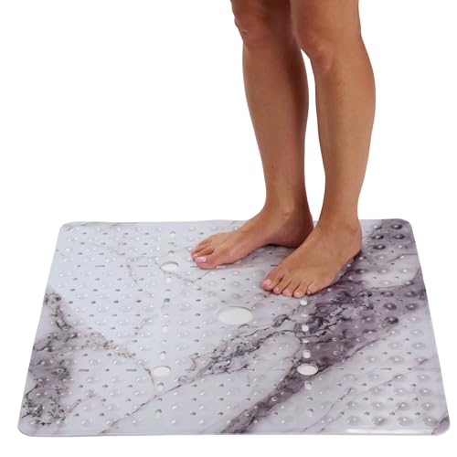 ENKOSI Square Shower Mat 27x27 inch - Anti Slip Shower Stall Floor Mat - Non Slip Shower Mats with Strong Secure Suction Cups and Drain Holes in Middle (27x27 Marble Grey) - color: Marble Gray