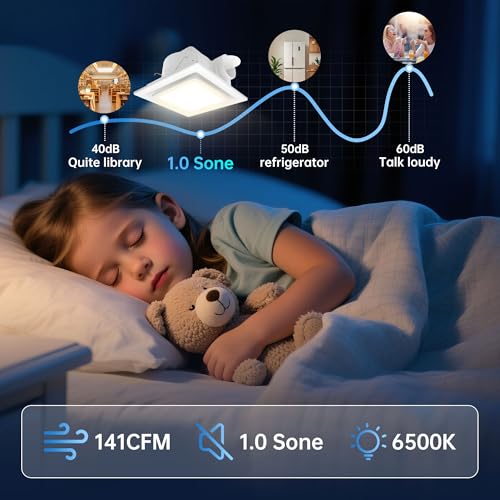 Bathroom Fan With Light 13.4 in Panel,180 CFM,1.0 Sones,12" Ceiling Mount | Large Bathroom Exhaust Fan|High cfm Extractor Fan|Easy Retrofit|Ceiling Fixtures|Bath Ventilation|For Kitchen Household Attic