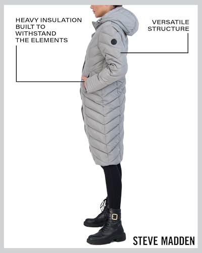 Madden Girl Womens Winter Jacket, Long Maxi Puffer Coat, Hooded Parka | Weather Resistant Full Length Warmth, Zipper and Button Closure, Cozy Insulated Hood, Zip Pockets Cold Weather Ready - color: Titanium, size: X-Large