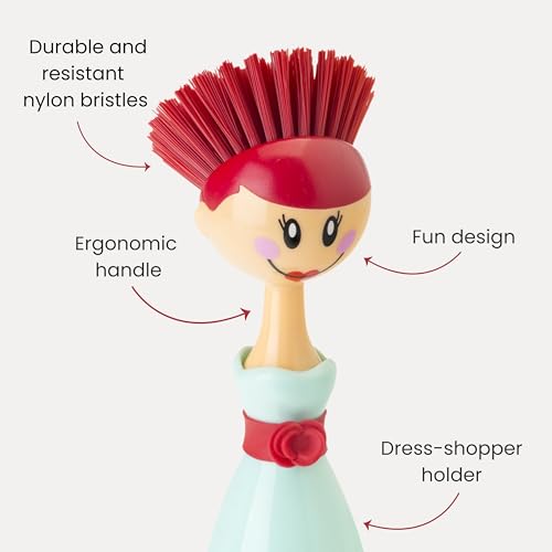 Vigar Dolls Dish Brush with Holder for Dishes - Green, Red | Dish Scrubber, Kitchen Scrub Brush, Dishwashing Brush Tool for Kitchen Sink Cleaning, Cute Standing Design - color: Green, Red