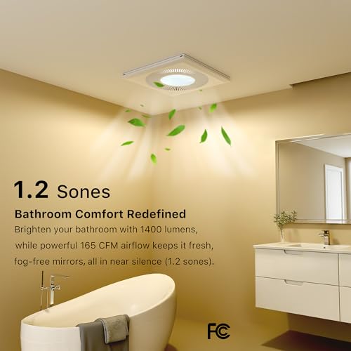 Bathroom 12IN Exhaust Fan with Light 165CFM 3CCT Shower Bathroom Vent Fan with 1400lm Led Light Combo Quiet 1.2 Sones Bath Ceiling vent with Adjustable Led Light (6500k Matte White) | Bathroom Vent Fan with Light Ceiling Mount 3CCT 1400lm LED Light 9.84"x