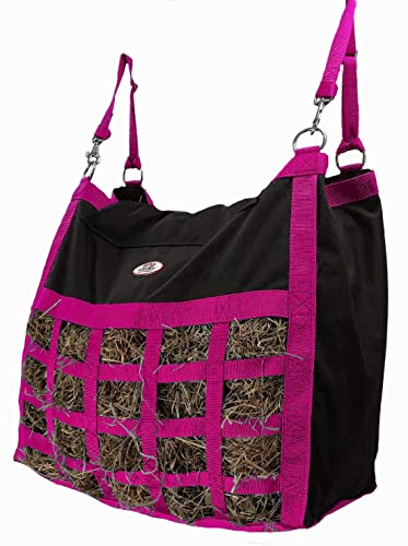 Supreme Slow Feed Top Load Hay Bag with Super Tough Bottom with 2" x3.5” Rectangular Openings and 6 Month Warranty (Pink & Black) - color: Black and Pink