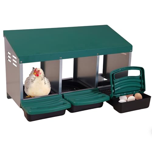GUTINNEEN Chicken Nesting Box, 3 Compartment Metal Nesting Boxes with Roll-Away Egg System for Hens, Ducks & Rabbits, Technical Design for Efficient Egg Collection, Green - color: Green