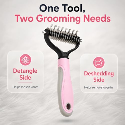 Pet Pro Grooming Tool, 2-In-1 Double-Sided Grooming Tool, Sided Deshedding Dematting Tool, Undercoat Rake for Dogs & Cats, Extra-Wide Dog Grooming Brush & Deshedder Comb for Long Hair(Blue + Pink)