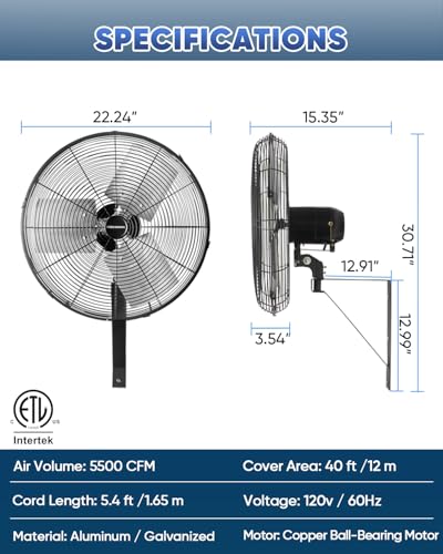 KEN BROWN 20 Inch Industrial Oscillating Wall Mount Fan 5500CFM,Heavy Duty,High Velocity,3- Speed,Black - size: 20 Inch