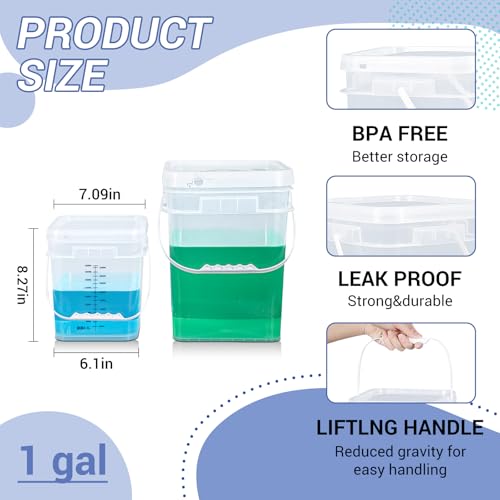 ASEVAT Square 1 Gallon Bucket with Lid, 5 Pack Clear Food Grade Storage Containers with Lids, Pail Container with Handle, Bucket for Cleaning Heavy-Duty Extra Durable BPA Free - size: 1 Gal