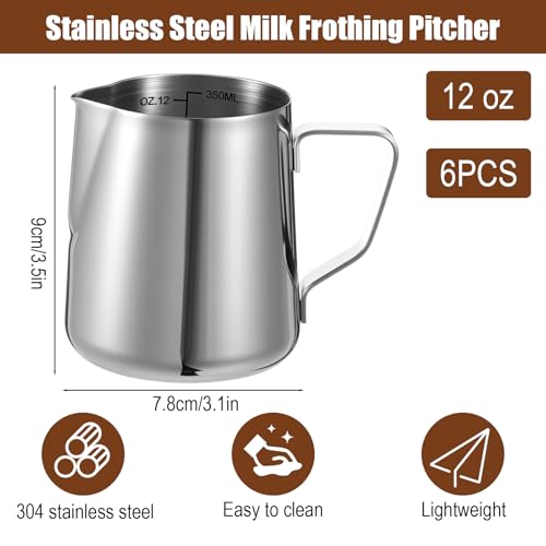 6 Pcs Milk Frothing Pitcher, Coffee Milk Frother Cup, 12oz Espresso Milks Frothing Pitcher with Measurement Marks, Stainless Steel Coffee Jug for Latte Art & Cappuccino, Silver