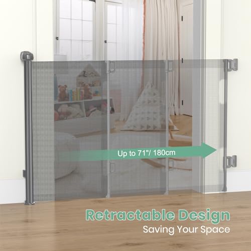 HAMOPY Retractable Baby Gates, 33" Tall, Extends up to 71" Extra Wide Baby Gate, Durable Auto-Lock Mesh Dog Gate, Pets and Child Safety Gates for Stairs, Doorways, Hallways, Indoor, Outdoor(Grey) - color: Gy