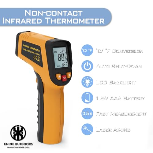 KNINE OUTDOORS Infrared Thermometer Gun, -58℉ to 1112℉ | Temp Gun, Laser Temperature Gun, for Cooking, Oven, BBQ, Griddle, Meat, HVAC Engine, Distance to Spot Ratio 12:1, Orange - color: Orange