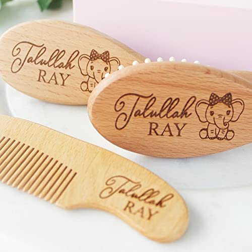 Baby Hair Brush | Personalized Baby Gifts | Brush | Wooden Brush Set | Perfect For Cradle Cap | Natural Goat Hair | 3 Piece Set | Elephant Design