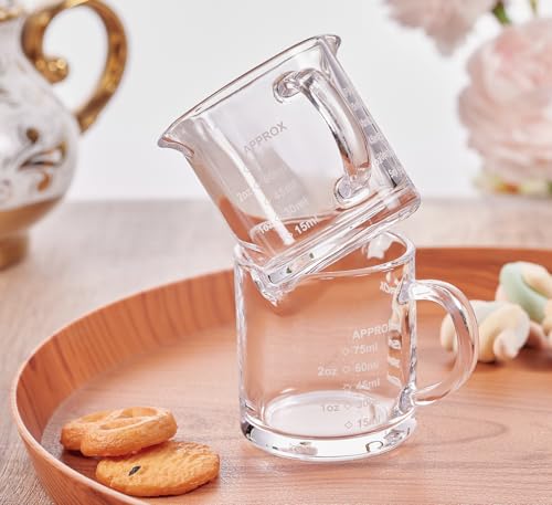 Ackers Espresso cup with Handle, Thickened Bottom and Wall, Double V-Shaped Spout,2.5OZ Milk Frothing Pitcher,75ML Milk Cup with Handle, Espresso Accessory (Pack of 4) - style: Printed Graduations(Pack of 4)