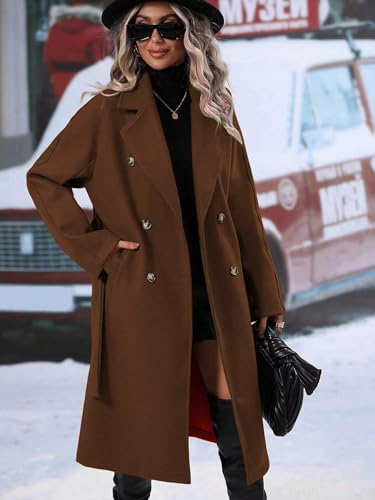 utcoco Womens Long Wool Pea Coat Notched Lapel Double Breasted Trench Coat Winter Warm Overcoat with Belt - color: Brown, size: Small