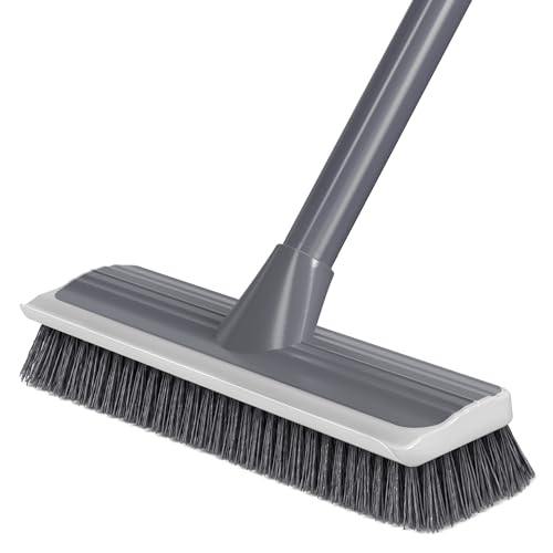 2 in 1 Floor Scrub Brush: Deck Brush with Squeegee | Long Adjustable Handle - 55'' Stiff Bristle Scrape Brush for Deck Patio Garage Shower Bathroom