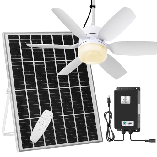 Fanspex 20.5'' Solar Ceiling Fan Light for Outdoor Gazebo Porch | 25W Solar Powered Rechargeable with Battery Backup for Chicken Coop, Greenhouse, Shed & Pet House Cooling or Air Circulation