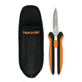 Fiskars 8" SoftGrip Pruning Shears, Multipurpose Garden Snips with Sheath | Heavy-Duty Scissors with Outer Serrated Edge, SoftGrip Handle, Great for Cutting Nursery Pots, Soil Bags & Wire - style: Snips