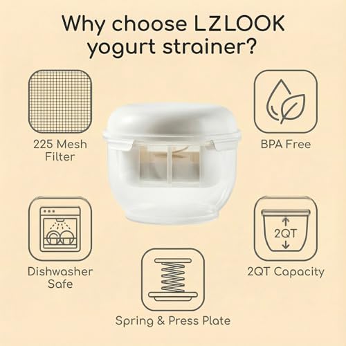 Greek Yogurt Strainer 2 QT Ultra-Fine Mesh Filter with Spring Press | Yogurt, Kefir, Nut Milk & Soy Milk Strainer, BPA-Free Large Yogurt Container for Home Kitchen, MultiFunctional Yogurt Filter