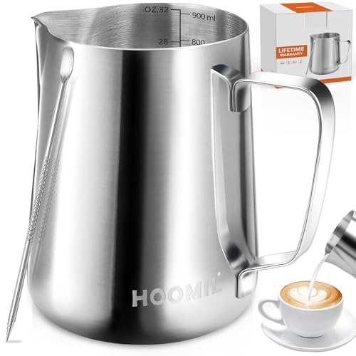 HOOMIL Milk Frothing Pitcher, 12oz/20oz/32oz 304 Stainless Steel | Steaming Pitcher with Clear Scale, Barista Milk Frother Cup Jug for Espresso Machine Coffee Cappuccino Latte Art - 32oz - color: Silver, size: 32 Ounces