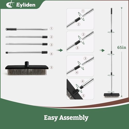 Eyliden Push Broom, 11.5-inch, Heavy Duty Moss Wire Scrub Brush | Stainless Steel Bristles, 65" Long Handle, for Deck, Floor, Concrete, Roof, Patio, Pool, Outdoor Cleaning