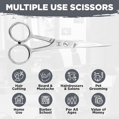 Mustache & Beard Scissors for Men – Stainless Steel Grooming Kit with Comb & Travel Case – Sharp Facial Hair Trimming Tool for Mustache, Beard, Nose & Eyebrows - color: Silver