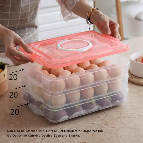 Egg Storage Container for Refrigerator, 3-Layer Deviled Egg Tray, Stackable Fridge Egg Organizer with Lid and Handle, Extra Large Holder, 60 Count Eggs Keeper(green 3 layer) | 3-Layer, 60 eggs, Stackable Storage Holder with Handle for Refrigerator for Cam