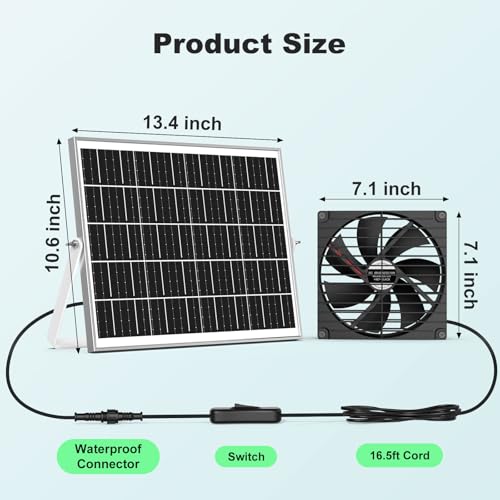 7.1" Large Solar Greenhouse Fan, 25W Solar Powered Vent Exhaust and Intake Chicken Coop Fan Outdoor Waterproof, 16.5 ft Cord, Strong Airflow for Shed Doghouse Cabin Ventilation Air Circulation - size: 7.1" Fan