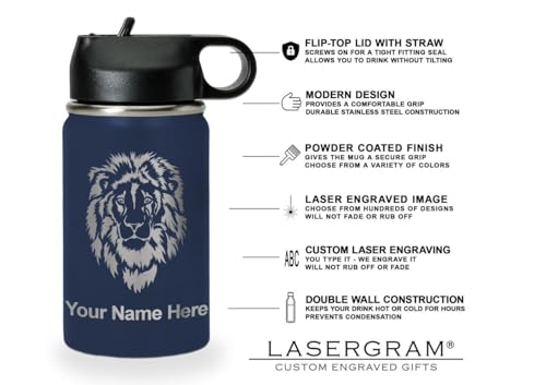 LaserGram Personalized 12oz Water Bottle, Horse (Navy Blue) | Engraved Gift, Vacuum Insulated Stainless Steel, Flip-Top Straw Lid, Laser Engraved With Your Name - color: Navy Blue, size: 12 Ounces