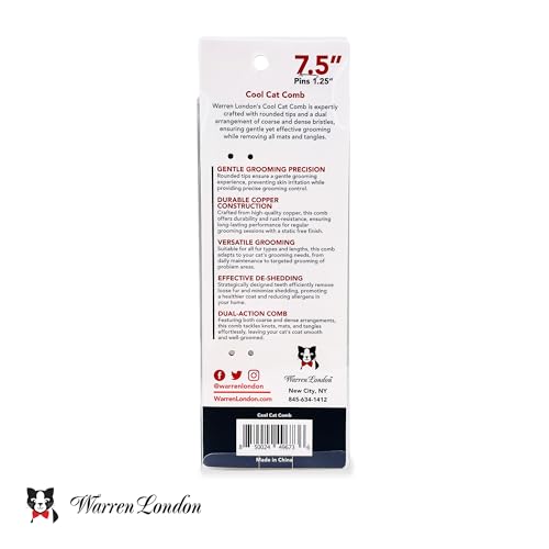 Warren London Cool Cat Greyhound Style Comb – 7.5" Professional Copper Cat Grooming Comb with Fine & Coarse Teeth, Rounded Pins for Detangling/Sensitive Skin, Deshedding & Dematting - style: Cool Cat Comb
