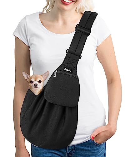 SlowTon Dog Carrier Sling - Thick Padded Shoulder Strap Adjustable, DB, S | Dog Carriers for Small Dogs, Puppy Carrier Purse for Pet Cat with Front Zipper Pocket Safety Belt Machine Washable - color: E-Ink Knitted Fabric