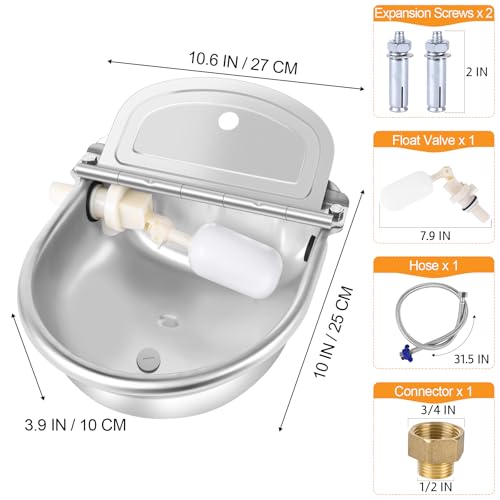 MYFAMIREA Automatic Animal Drinking Water Bowl Stainless Steel Waterer Feeder Farm Dog Dispenser Kit Self Filling for Livestock Horse Goat Water Trough with Float Valve Drain Hole Hose Adapter Bolts - size: 1 PCS