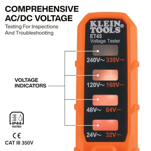 Klein Tools ET45 Digital AC/DC Voltage Tester, 12-240V AC, 32-330V DC, LED Illumination, DC Polarity, Auto Off, CATIII 350V-Class 2-Double Insulation, IP44 Dust & Water Resistant, No Batteries Needed - size: 24/240 V Tester