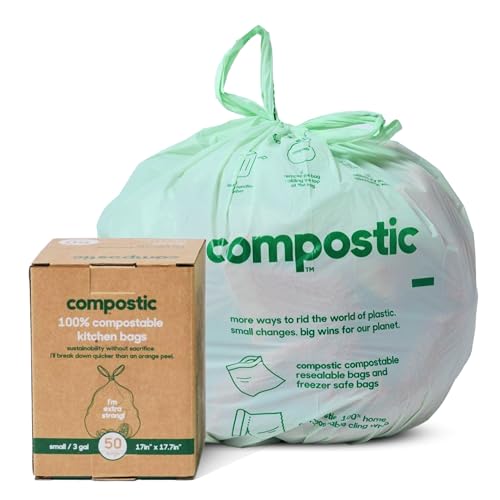 Compostic Compostable 3 Gallon Bathroom Trash Bags, 50 Ct | Fits 3 Gallon Bins, Extra Strong & Leak-Proof, Home Compostable, Unscented, BPA & GMO Free - size: 50 Count (Pack of 1), style: Small 3 Gallon