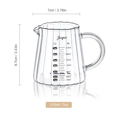 Joeyan 7 oz Glass Measuring Cups with Spout,Borosilicate Large Glass Triple Pitcher with Scale,Origami Style Espresso Shot Glasses with Wood Handle for Coffee Milk - color: 7 Oz Single Spout Clear Measuring Cup