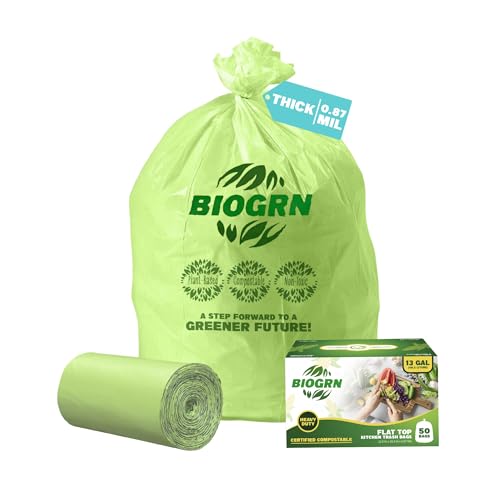 10-13 Gallon Compostable Trash Bags with Flat-Top 50 Bags Thick 0.87 Mil Leakproof Plant-based Tall Kitchen Wet Food Scrap Waste, ASTM D6400, US BPI and OK Compost Home Certified - color: 13 Gallon Flat Top, 50 Count