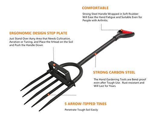 5-Tine Heavy Duty Pitch Fork for Gardening - Long Handled Digging Fork Garden Claw Weeder