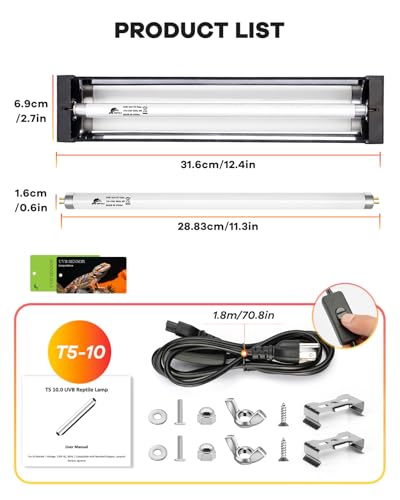 UVB Light for Reptile 8W, T5 UVB Reptile Light Fixture HO Combo Kit with Test Sensor Cards, 12" High Output Reptiles Light Bar UVA UVB Desert Lamp for Turtle Lizard Bearded Dragon Tank - color: 8w-12.2in Black