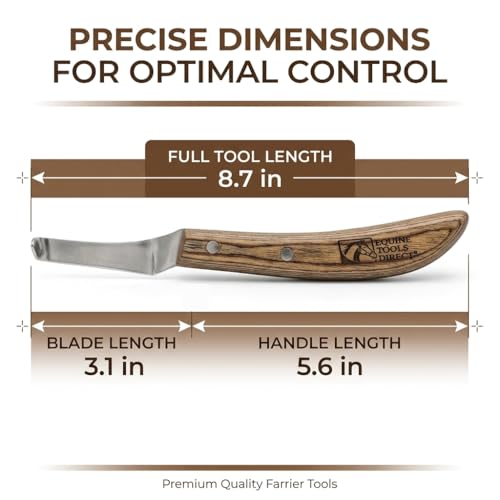 Right-Handed Farrier Hoof Knife, Curved J2 420 Magnetic Stainless Steel Blade, Ergonomic Wooden Handle, Horse Hoof Trimming Tool for Sole & Frog Paring