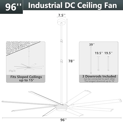 Ohniyou 96" Industrial Ceiling Fan No Light, High CFM Large Metal Fan | 8 Aluminum Blades, Remote/App Control, Quiet DC Motor for Shops, Warehouses and Gyms, Black - color: Black, style: No Light