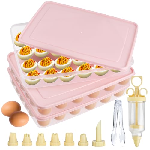 3 Pcs 72 Count Deviled Egg Containers with Lid and 8 Pcs Deviled Egg Injector Piping Tool & Tong, Portable Storage Carrier Egg Holder, Fridge Stackable Deviled Egg Tray Plastic Egg Organizer