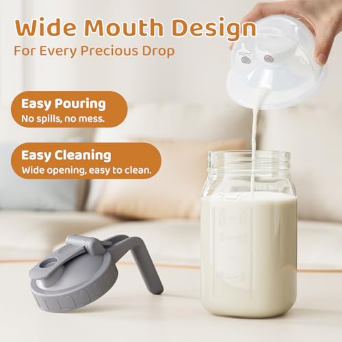 32 oz Breast Milk Pitcher, Glass Mason Jar Pitcher with Lid | Airtight, Leak Proof, Wide Mouth, Pour Spout Lid, Thick Glass, Fridge Safe, Ergonomic Handle, Easy to Clean - color: Gray, size: 32 Ounces